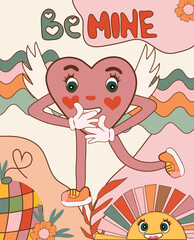 Groovy hippie love sticker collection for a retro, happy Valentine's Day. Features comic style joyful heart characters with flowers in a fashionable 60s-70s retro cartoon design. Vector illustration.