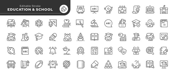 Set of line icons in linear style. Series - Education, school, university studies, knowledge,learning, student and teacher. Outline icon collection. Conceptual pictogram and infographic.