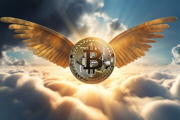 Bitcoin e-cryptocurrency with wings flying in blue sky - obrazy, fototapety, plakaty