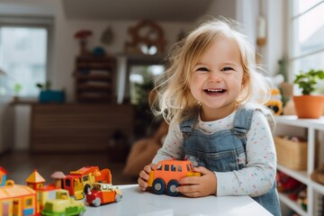 Little cute girl playing with a small orange toy car. Healthy happy toddler with colorful orange car indoors