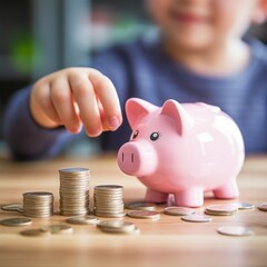 Close up of little boy saving coin into piggy bank at home. Closeup of child hand putting penny coin in piggy bank on table. Kid saving money by adding coin in pig shaped bank.