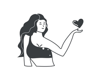 Element of menstruation themed set. A girl drawn with a black outline in this illustration feels in harmony with her body. Vector illustration.