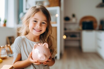 Little girl with piggy bank and money at home - obrazy, fototapety, plakaty