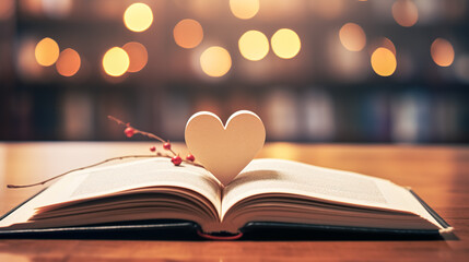 Open book and decorative heart on a blurred background.