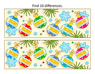 Difference game with winter holidays baubles, ornaments. Find 10 differences picture puzzle. 
