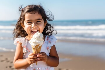 lovely indian kid girl eating ice cream on the beach