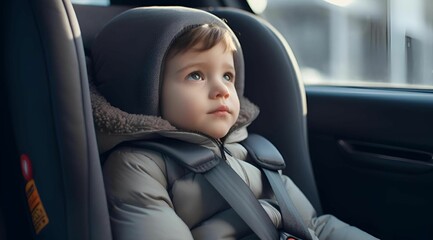 AI-generated illustration of a young boy in a warm winter coat and hood sits in a child's car seat