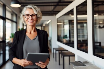 Portrait of middle age businesswoman standing with digital tablet at office. Business people. - obrazy, fototapety, plakaty