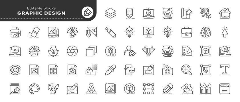 Set of line icons in linear style. Series - Graphic design. Idea and creativity. Software, design and art tools. Outline icon collection. Conceptual pictogram and infographic.
