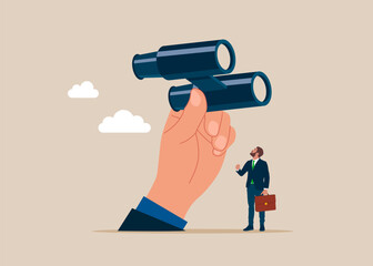 Businessman with binoculars. Looking for new job, leadership discovery. Strategy, mission, objectives. Flat vector illustration