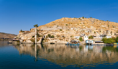 Panoramic view of Savasan Village with sunken mosque in Halfeti, Sanliurfa Province of Turkey.