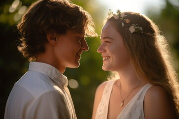 Fototapeta premium Married couple happy photo. Love person nature face smiling. Generate Ai
