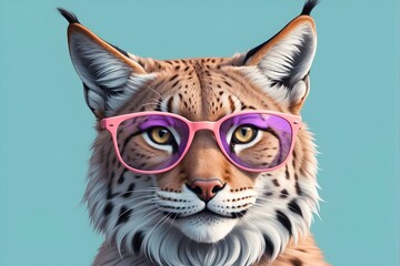 Funny and colorful lynx with sunglasses and a colorful pastel background. Summer vacation concept - obrazy, fototapety, plakaty