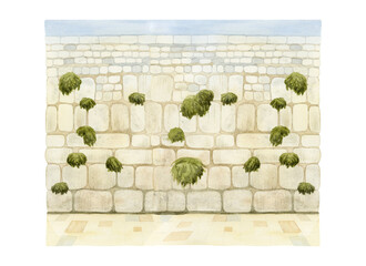 Jewish Western Wall sight in old city of Jerusalem watercolor illustration isolated on white background. The Kotel in Israel for prayers