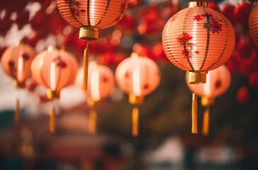 red chinese paper lanterns with light bokeh background, happy lunar new year 2024