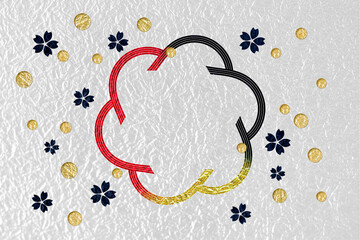 正月イメージ　花の形のデザインと桜と水玉の背景（紺と金色の模様と白い和紙の背景　12/6）