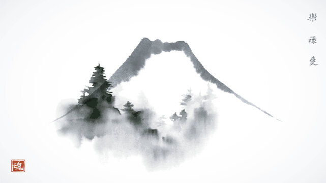 Ink wash painting of a misty Fuji mountain with pine trees. Traditional Japanese ink wash painting sumi-e. Hieroglyphs - joy, well-being, beauty