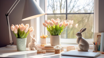 Easter-inspired workspace with tulip bouquets and ceramic bunnies - obrazy, fototapety, plakaty