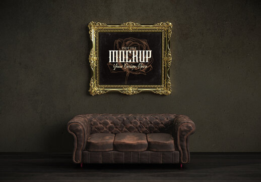 Gold Frame Mockup in a Gangster Room With An Old Grunge Sofa