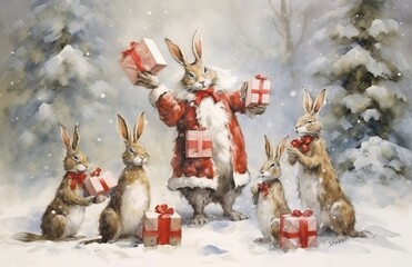 Multiple hares in a watercolor illustration exchanging gifts in the snow
