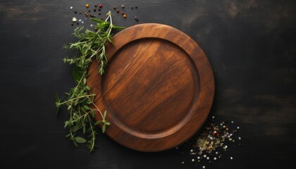 Fototapeta premium Top view empty wooden round board plate on black stone kitchen table, flat lay. Wooden pizza platter with copy space.