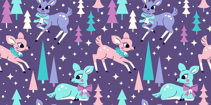 Seamless pattern with Cute fawns and pine trees in 1950s retro style. Vintage Christmas deer postcard, wrapping paper. Hand drawn vector illustration. 