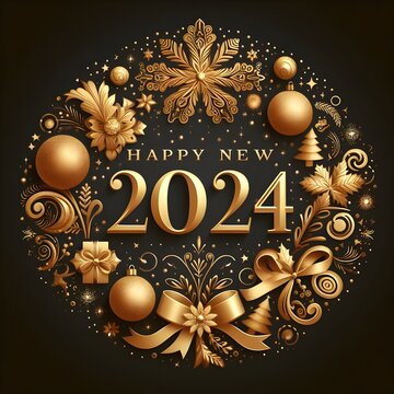 Happy new 2024 year background with golden elements. Greetings banner.