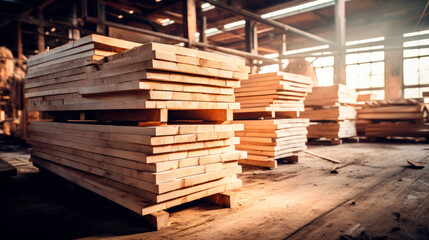 Piles of wooden boards in the sawmill.