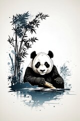 In the inky blackness of space, the silhouette of a lonely panda eating bamboo floating, graphic t-shirt vector, contour, white border background.