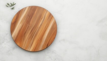 Top view empty wooden round board plate on white stone kitchen table, flat lay. Wooden pizza platter with copy space.