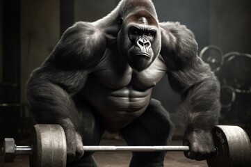 Weight lifting gorilla. Muscular and large animal picks heavy barbell. Generate AI - obrazy, fototapety, plakaty