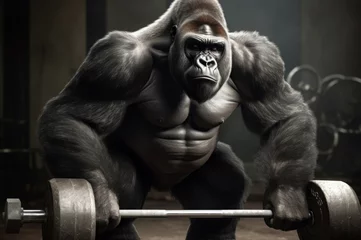 Schilderijen op glas Weight lifting gorilla. Muscular and large animal picks heavy barbell. Generate AI © nsit0108