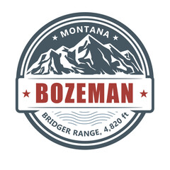 Bozeman, ski resort stamp, Utah bridger range emblem with snow covered mountains, vector