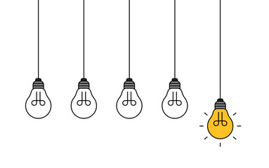 Hanging light bulbs with one glowing on white background. Concept of idea