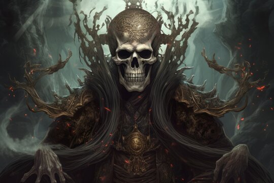 Godlike mythical entity. Mighty creature with bare skull and regal attire. Generate AI