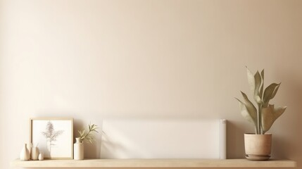 Obraz na płótnie Canvas empty blank wall template with plant on the shelf mock up, in the style of light beige and gold, copy space, 16:9