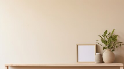 Fototapeta na wymiar empty blank wall template with plant on the shelf mock up, in the style of light beige and gold, copy space, 16:9