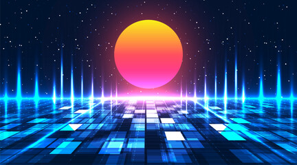 Retro futuristic background. Digital landscape cyber concept