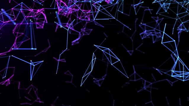  Technological abstract background of neon purple moving lines and dots connected in a weave. Seamless loop repetitive animation. Science and tech, network and business BG. High quality 4k footage. 