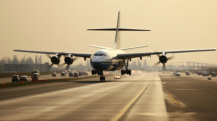 Air Plane Take Off at Airport Runway Under Sky on Blurry Background