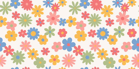 Trendy floral seamless pattern. Vintage 70s style hippie groovy flowers background. Colorful bright colors. Vector y2k nature backdrop with daisy flowers.