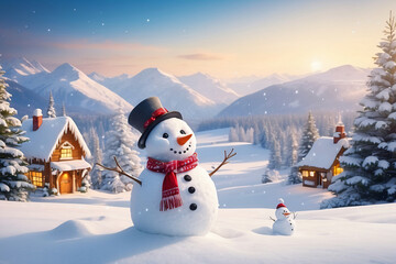 Obraz premium Snowman standing in Christmas landscape. A festive Christmas or snow background.