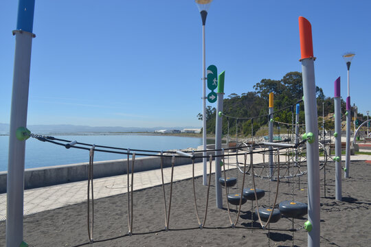 an exercise area on a boardwalk