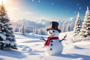 Obraz premium Snowman standing in Christmas landscape. A festive Christmas or snow background.