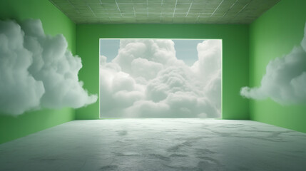 Generative AI, Green fantastic 3d clouds in the room interior, sky and landscape. Gentle colors and with bright lights..	