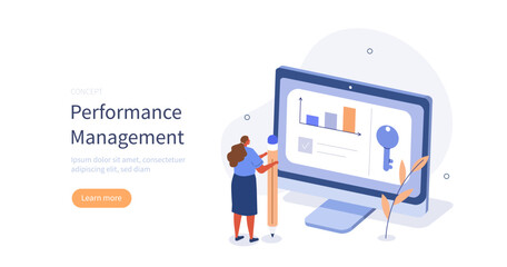 Performance management concept. Character managing work task, analyzing goals and objectives to professional development, personal improvement and growth. Vector illustration.