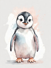 Fototapeta premium cute baby penguin white wall, watercolor, dustier soft pastel palette, nursery wall mural, graffiti 