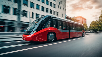 Obraz premium Futuristic Self-Driving Bus on a Modern City Street, Contactless Induction Charging, Smart Public Transport, Green Urban Mobility, Sustainable City, Adaptive AI Powered Commuting, Autonomous Taxi Cab