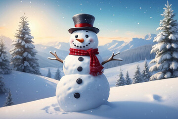 Obraz premium Snowman standing in Christmas landscape. A festive Christmas or snow background.
