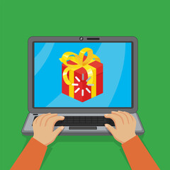 Male hands typing in computer keyboard loading to a gift on screen. Celebrating happy new year and merry christmas concept.illustration vector cartoon.